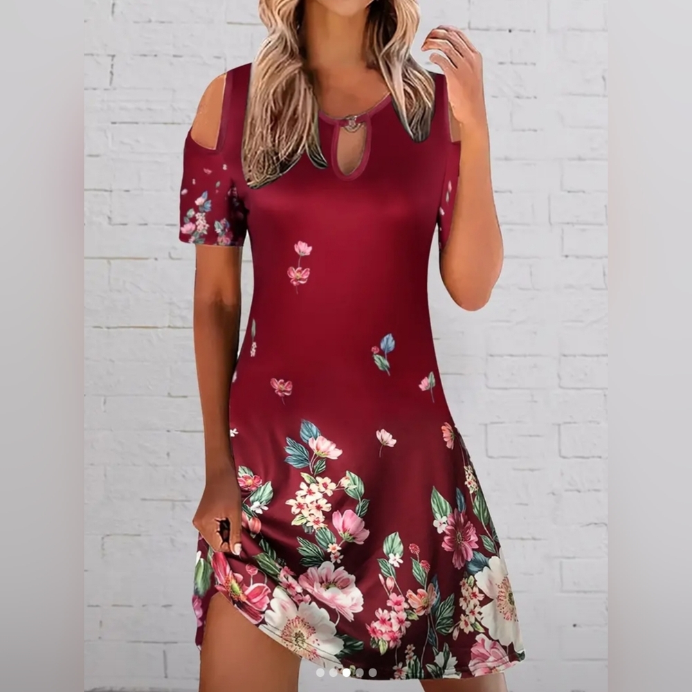 Women's Summer Sundress Short Sleeve Cut out Cold Shoulder Round Neck Loose Fit